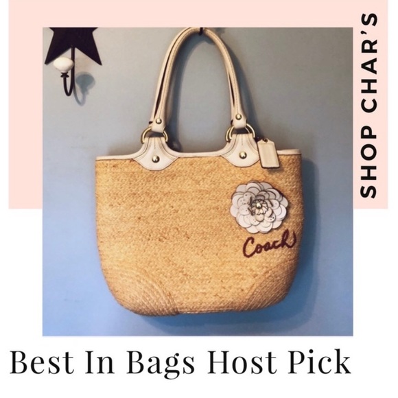 Coach Handbags - Coach straw white leather flower shoulder bag